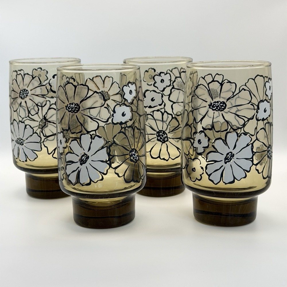 Vintage Libbey Glasses Camellia Tawny Floral Tumblers Set 4 MCM 5.5" 16oz